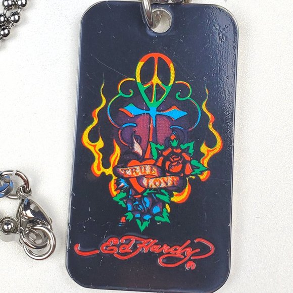 ED HARDY By Christian Audigier VINTAGE Style Necklace / True Love Dog Tag Peace - Picture 2 of 6